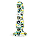 Hearts curvy dildo: white silicone toy with black hearts, diamonds, yellow teal splashes