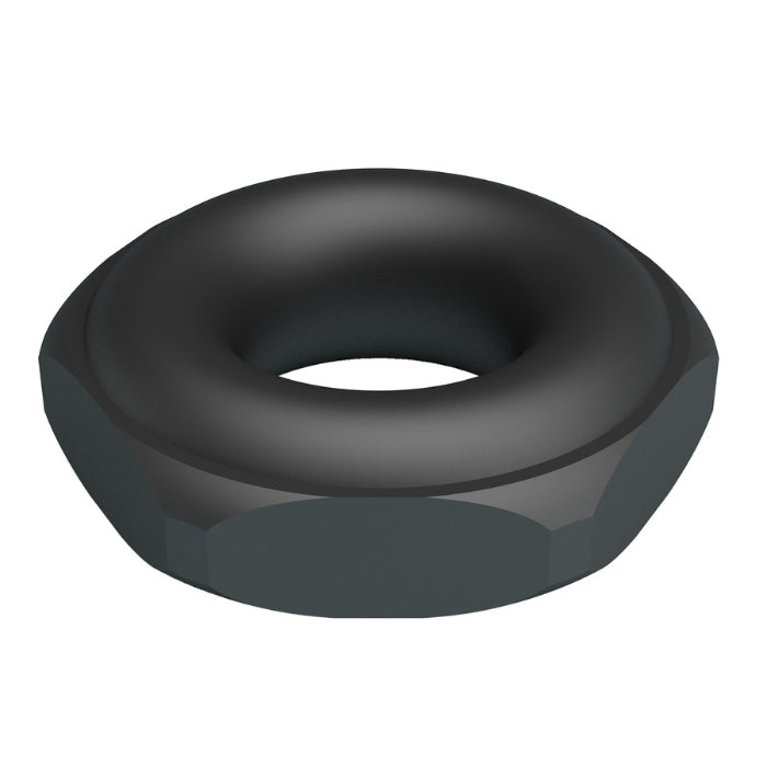 Black hexagonal nut on Crazy Bull Jarvius cock ring in glossy finish
