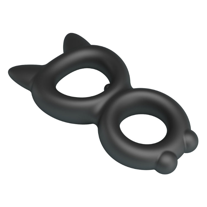 Black Crazy Bull Toran double cock ring toy, cat-shaped with ears and paws