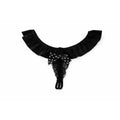 Black crotchless g-string with black lace, ruffled velvet neckline, and a polka dot bow at the center