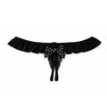 Black crotchless g-string thong with lace, ruffled waistband, and polka dot bow detail at center front
