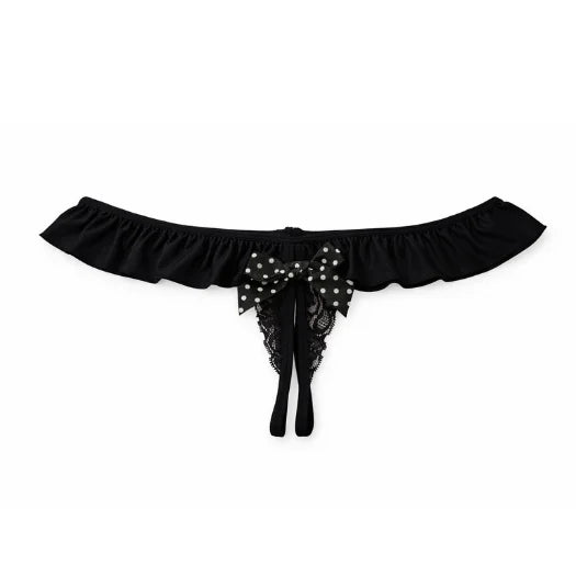 Black crotchless g-string thong with lace, ruffled waistband, and polka dot bow detail at center front