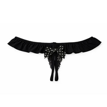 Black crotchless g-string thong with lace, ruffled waistband, and polka dot bow detail at center front
