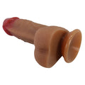 Tan Curtis Bendable 6.8 inch dildo with red tip, scrotum, and harness-compatible suction cup base