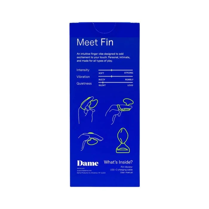 Blue rectangular packaging for the dame fin 2.0 finger vibrator pink with white and lime green text and play illustrations