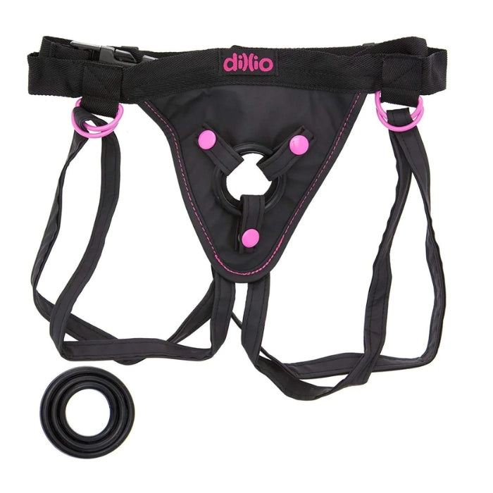 The durable 4-way adjustable straps feature an easy-close clip and fit thighs up to 30" (76 cm), while the included waistband extension fits waists up to 68" (173 cm). Three metal snaps secure the O-ring and hold most suction-cup dildos in place even when the action heats up. The three included silicone O-rings allow you to interchange a range of dildos with a diameter up to 2" (5 cm).