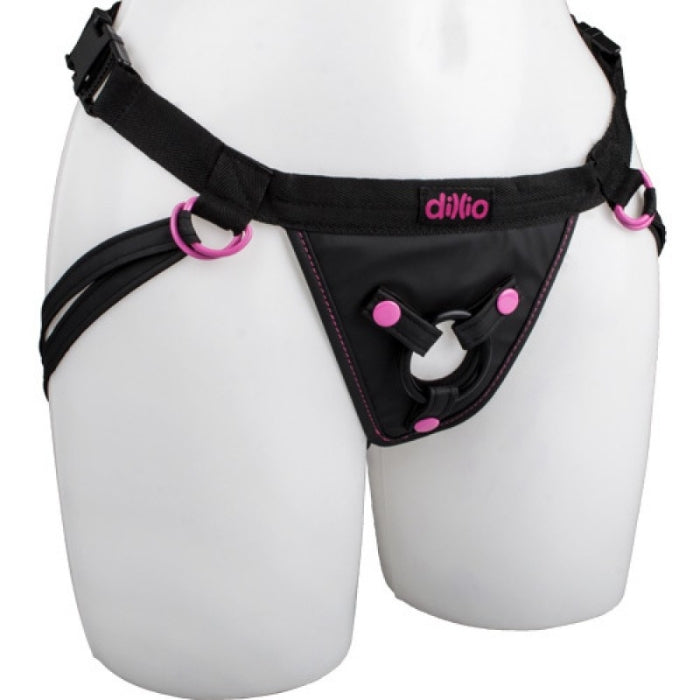 The durable 4-way adjustable straps feature an easy-close clip and fit thighs up to 30" (76 cm), while the included waistband extension fits waists up to 68" (173 cm). Three metal snaps secure the O-ring and hold most suction-cup dildos in place even when the action heats up. The three included silicone O-rings allow you to interchange a range of dildos with a diameter up to 2" (5 cm).