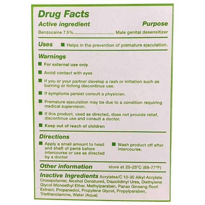 Prolonging Delay Cream 1oz contains 7.5% benzocaine which acts as a desensitizing agent to help the man maintain and prolong his erection and help delay or prevent premature ejaculation. Odorless and tasteless. This product can also be more helpful when used along with a ring.