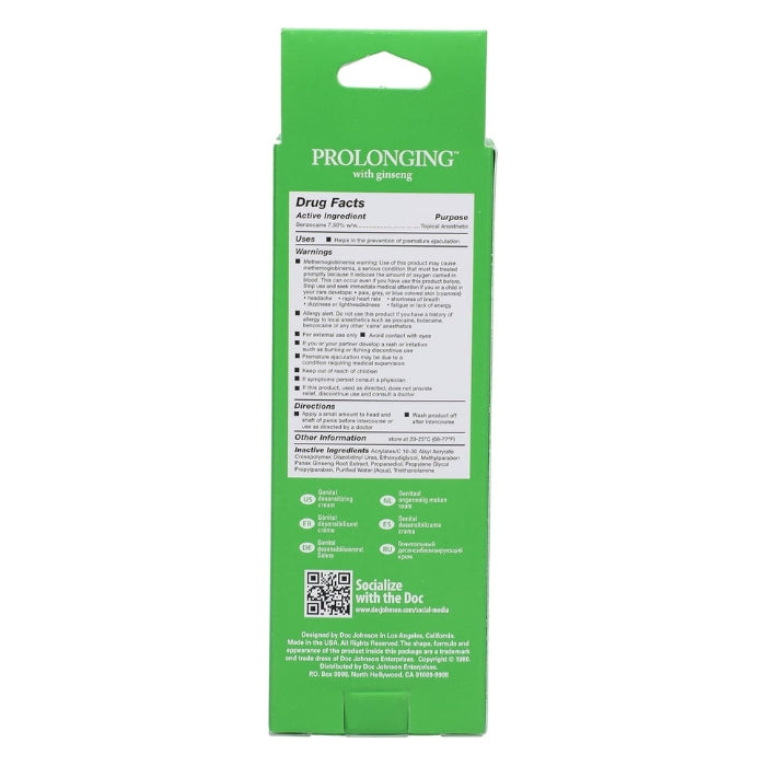 Doc Johnson prolonging delay cream for men with ginseng in green box 1oz