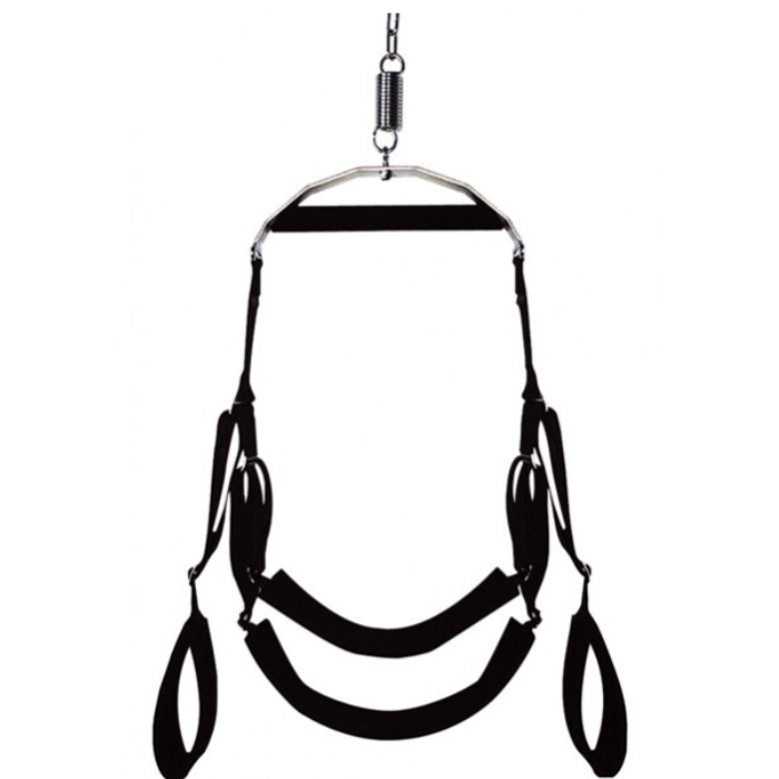 Black leather door mounted swing sling with metal frame and adjustable straps for suspension use