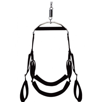 Black leather door mounted swing sling with metal frame and adjustable straps for suspension use