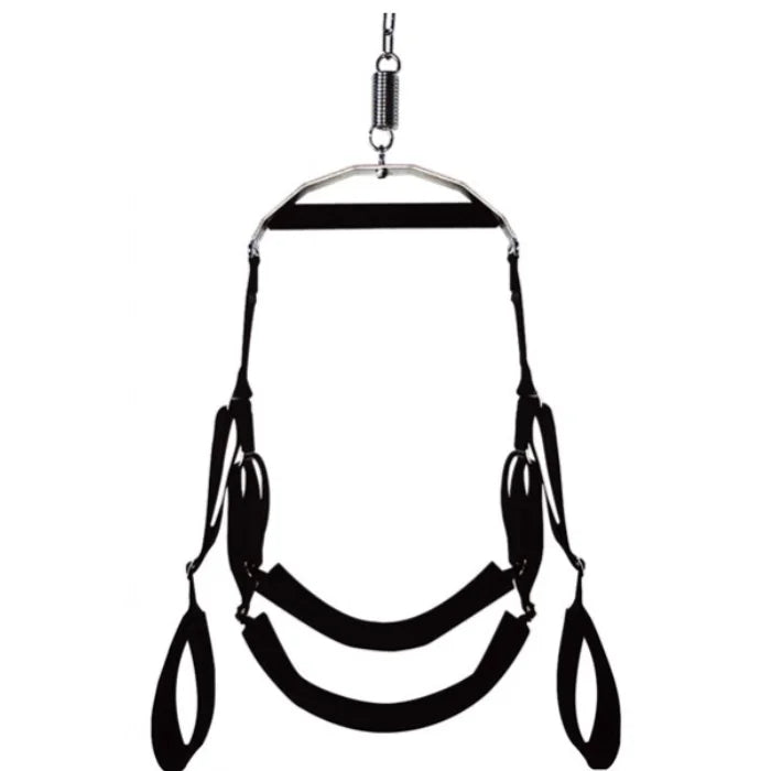 Black leather door mounted swing sling with metal frame and adjustable straps for suspension use