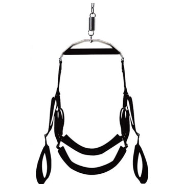 Black leather door mounted swing sling with metal frame and adjustable straps for suspension use