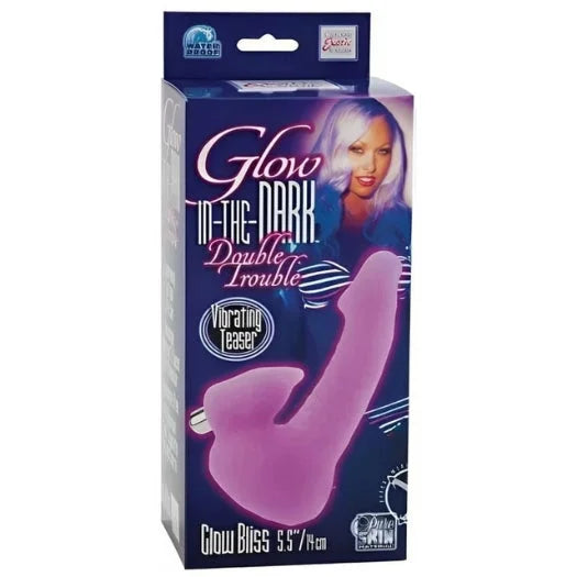 Pink silicone vibrating teaser toy by glow bliss with flexible body for dual stimulation double trouble glow in the dark