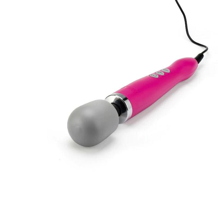 Pink Doxy Wand Massager with gray spherical head and black cord for powerful relaxation