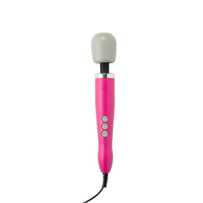 Pink Doxy Wand Massager with white rounded head and control buttons for powerful relief