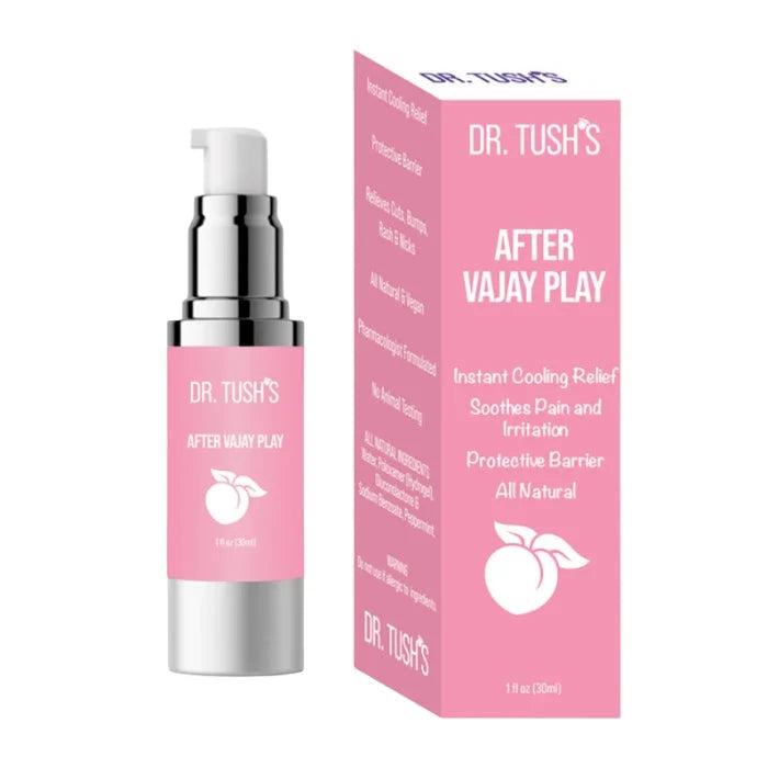 Pink and silver pump bottle of dr tushs after vajay play soothing gel for intimate care from lady jane adult shop