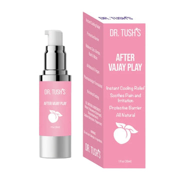 Pink and silver pump bottle of dr tushs after vajay play soothing gel for intimate care from lady jane adult shop