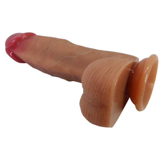 Tan Duvall Bendable 7.6 inch dildo with red tip, textured grip and suction cup base