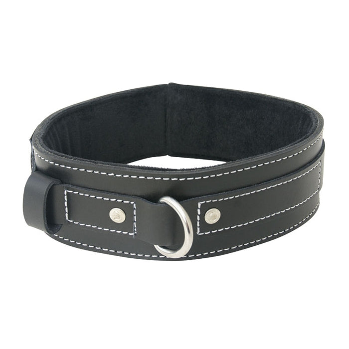 This luxury lined collar guards the wearers neck with subtle strength, providing an extra soft touch on supple napes. The cowhide leather BDSM collar features a solid, metal D-Ring for easy leash attachment allowing you the comfort to control your sub casually or intensely. Fits necks, inside diameter from 8.89cm to 15.36cm.