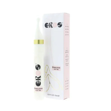 White eros clitoral stimulant oil pen with gold band and black logo next to pink and white packaging from lady jane adult shop