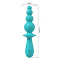 Teal silicone vibrating anal beads with five rounded beads and tapered handle from evajane party up blue collection