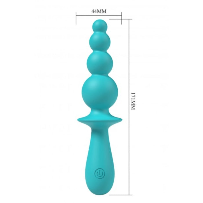 Teal silicone vibrating anal beads with five rounded beads and tapered handle from evajane party up blue collection