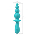 Teal silicone vibrating anal beads with five rounded beads and tapered handle from evajane party up blue collection
