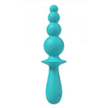 Teal silicone vibrating anal beads with handle and five rounded beads stacked vertically from evajane party up blue