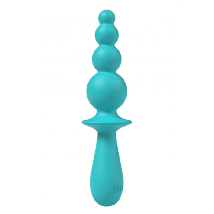 Teal silicone vibrating anal beads with handle and five rounded beads stacked vertically from evajane party up blue
