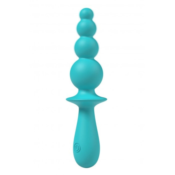 Teal silicone evajane party up vibrating anal beads with rounded beads and power button on handle
