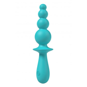 Teal silicone evajane party up vibrating anal beads with rounded beads and power button on handle