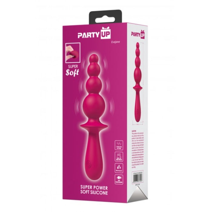 Pink super soft silicone vibrating anal beads in party up branded box by evajane for intimate use