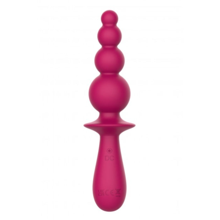 Evajane party up vibrating anal beads in vibrant pink smooth silicone with tapered handle and stacked rounded beads