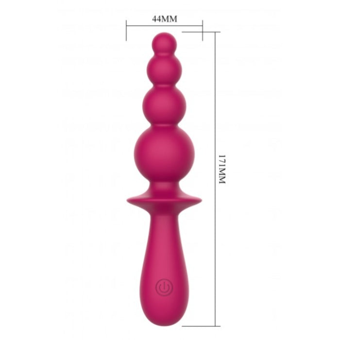 Pink evajane party up vibrating anal beads made of silicone with textured segmented design and ergonomic power button handle