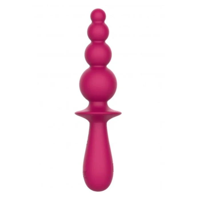 Evajane Party Up vibrant magenta silicone vibrating anal beads with tapered handle and stacked spherical design