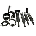 Black leather everything bondage 12 piece kit with metal hardware and fur lined pvc cuffs for comfort and style