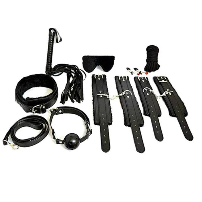 Black leather everything bondage 12 piece kit with metal hardware and fur lined pvc cuffs for comfort and style