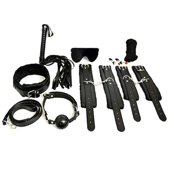 Black leather everything bondage 12 piece kit with metal hardware and fur lined pvc cuffs for comfort and style
