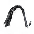 Black leather flogger with textured grip and thin straps from everything bondage 12 piece kit with cuffs faux fur lining
