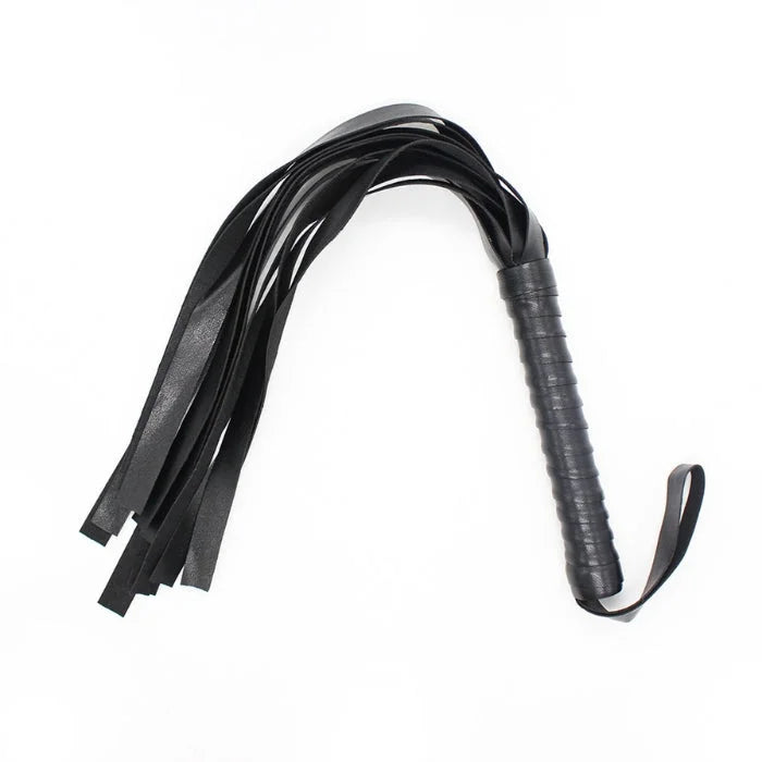 Black leather flogger with textured grip and thin straps from everything bondage 12 piece kit with cuffs faux fur lining