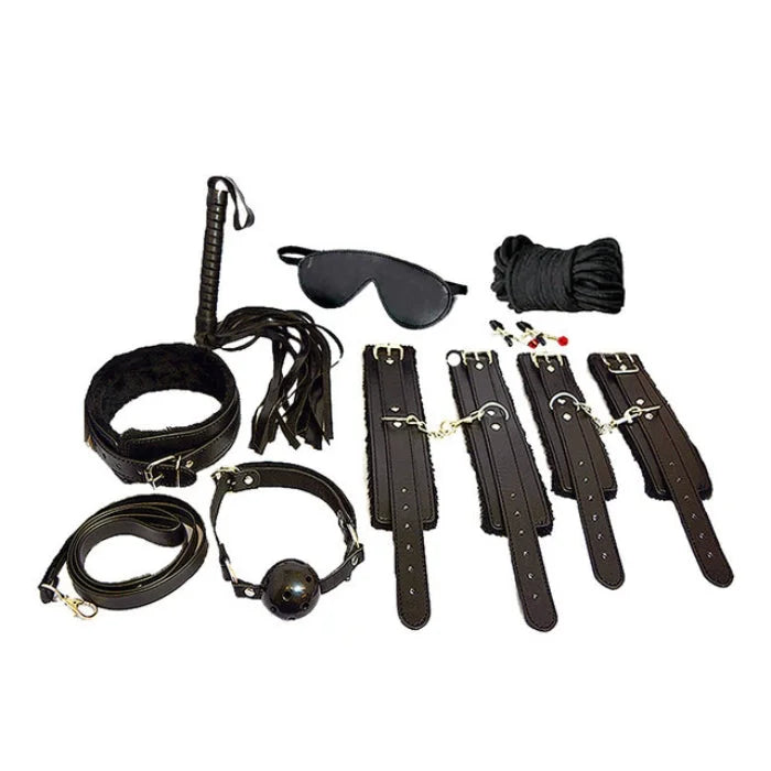 Everything bondage 12 piece kit black with black leather restraints fur lined pvc cuffs faux fur whip and rope