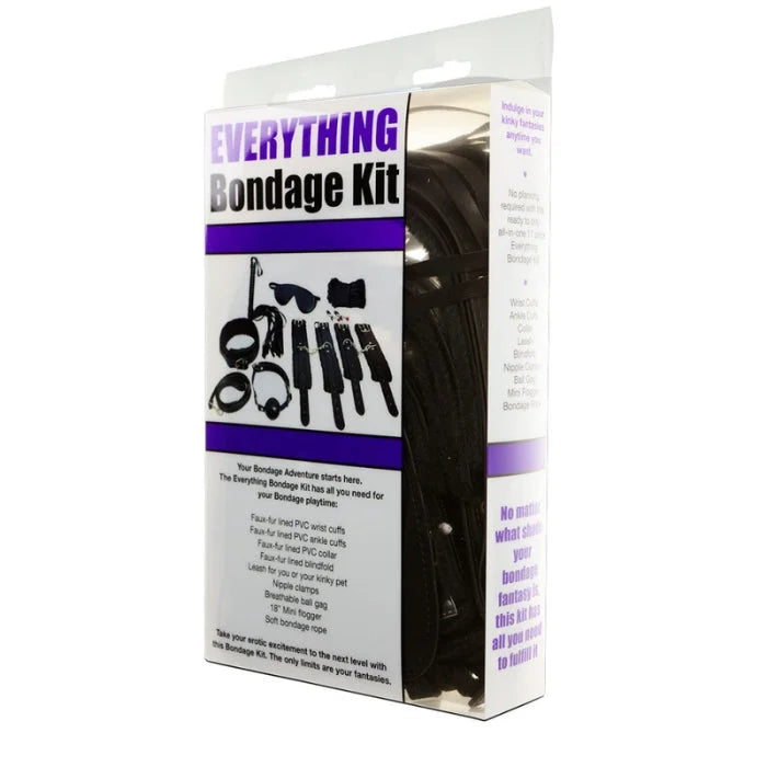Everything bondage 12 piece kit black with fur lined pvc cuffs in a clear package with purple and white labeling