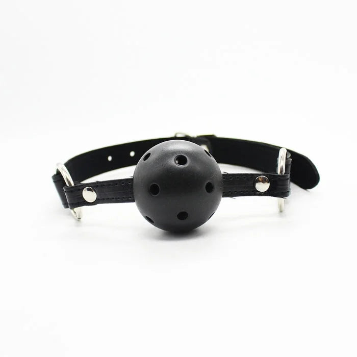 Black leather gag with spherical perforated mouthpiece and silver metal hardware from everything bondage 12 piece kit with cuffs faux fur lining