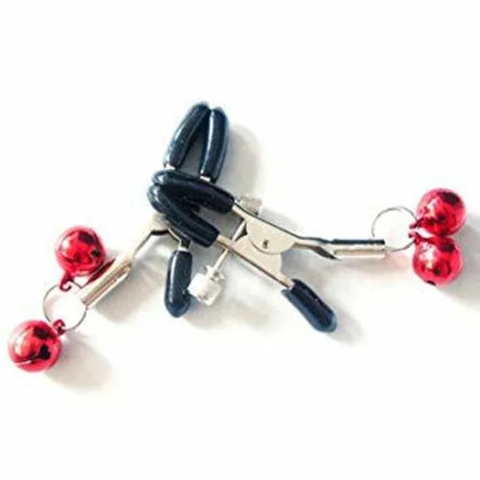 Black plastic-coated metal clamps with red bells attached by rings from everything bondage 12 piece kit faux fur lined cuffs pvc