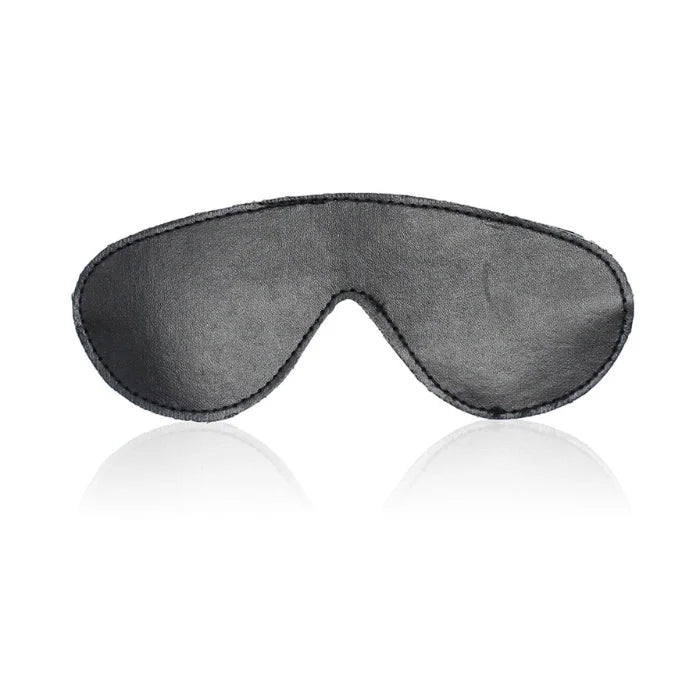 Black satin eye mask with stitched edges from everything bondage 12 piece kit with cuffs faux fur lined accents