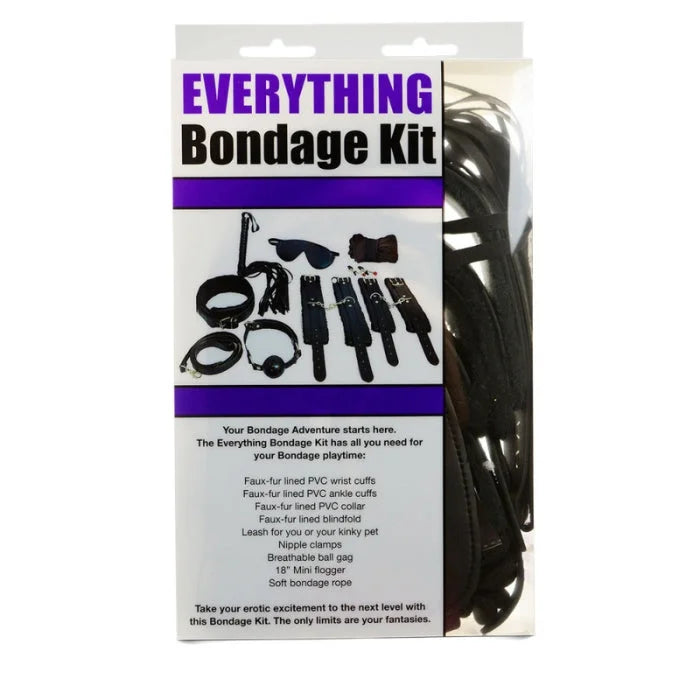 Everything bondage 12 piece kit black with black fur lined pvc cuffs faux fur collar blindfold nipple clamps and rope