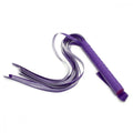 Purple leather whip with textured handle and glossy strips from everything bondage 12 piece kit with cuffs faux fur lining