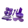 Everything bondage 12 piece kit purple featuring purple leather cuffs faux fur lined with metallic hardware