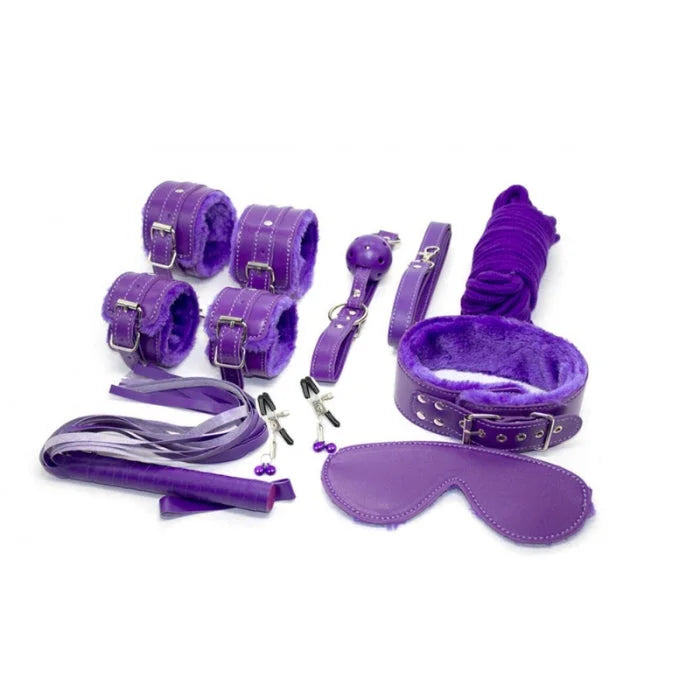Everything bondage 12 piece kit purple featuring purple leather cuffs faux fur lined with metallic hardware